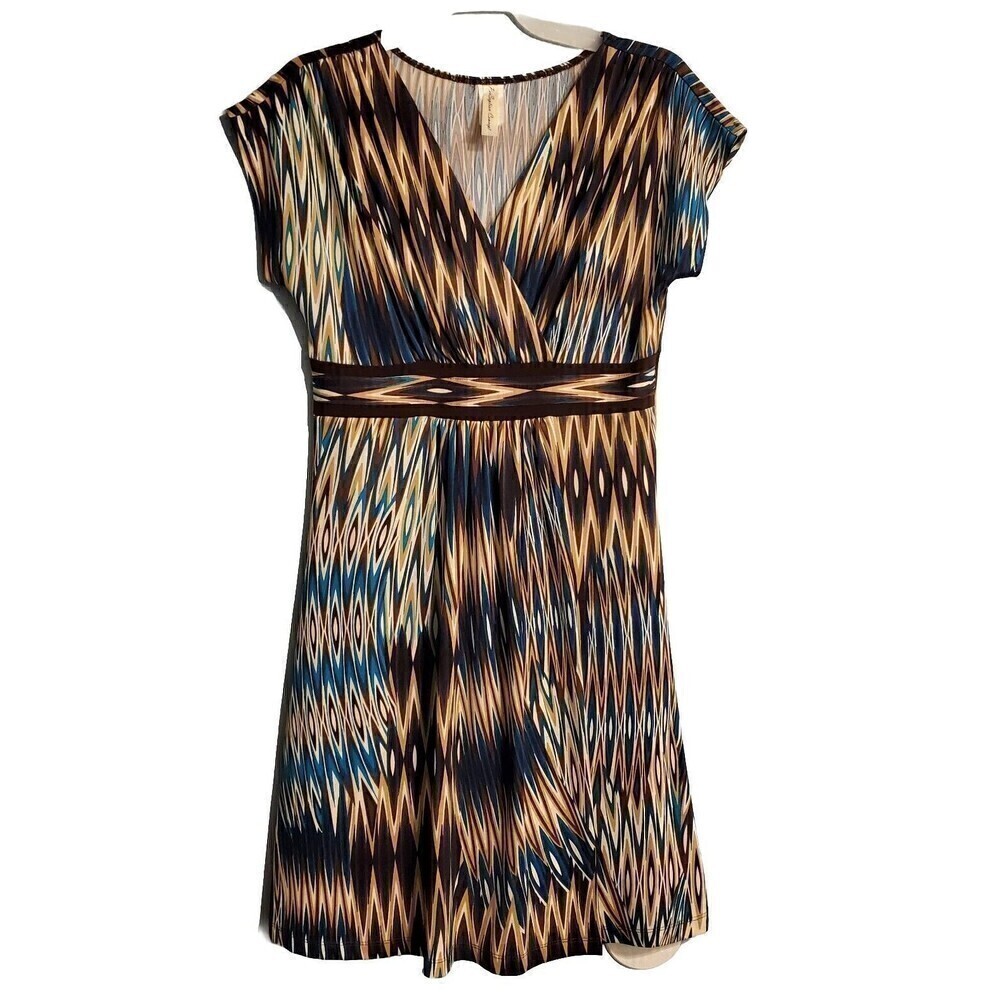 PerSeption Concept Dress Womens Small Brown Teal V-neck Cap Sleeve